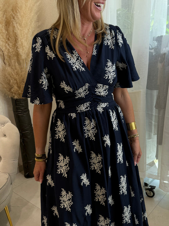 Robe long bleu marine brodé fleuri 831