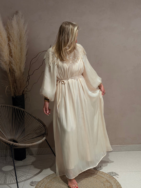 Robe abaya épaules perles Beige 8609