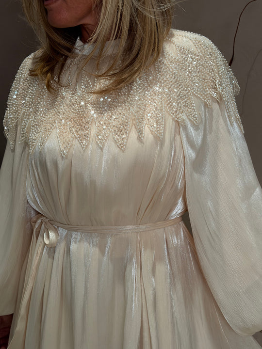 Robe abaya épaules perles Beige 8609