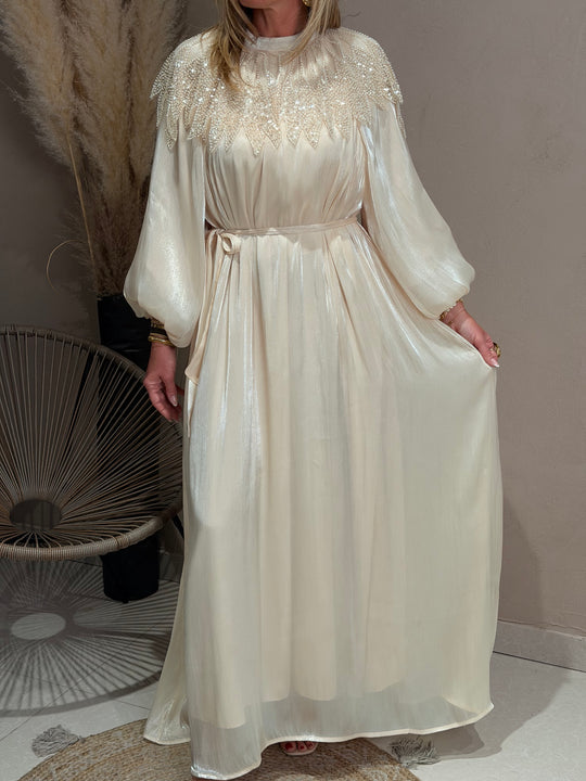 Robe abaya épaules perles Beige 8609