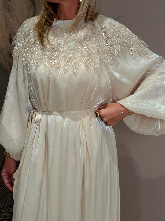 Robe abaya épaules perles Beige 8609