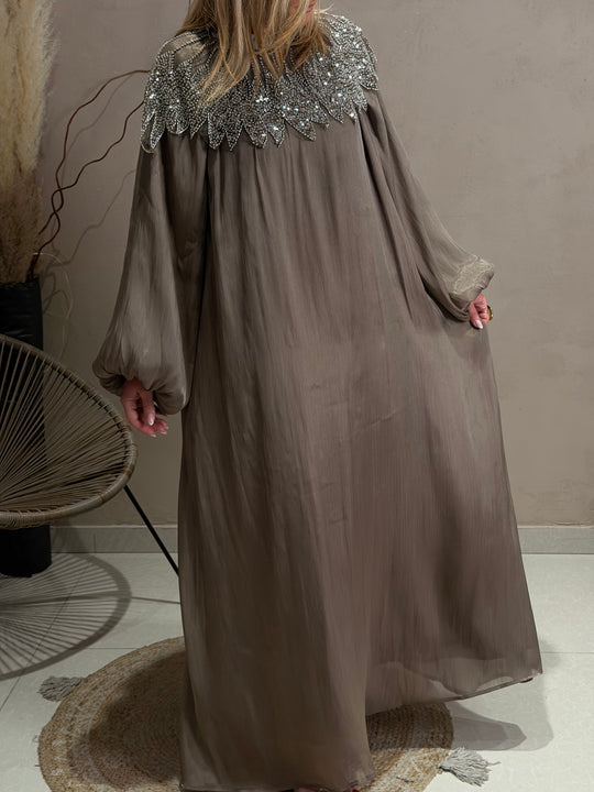 Robe abaya épaules perles Taupe 8609