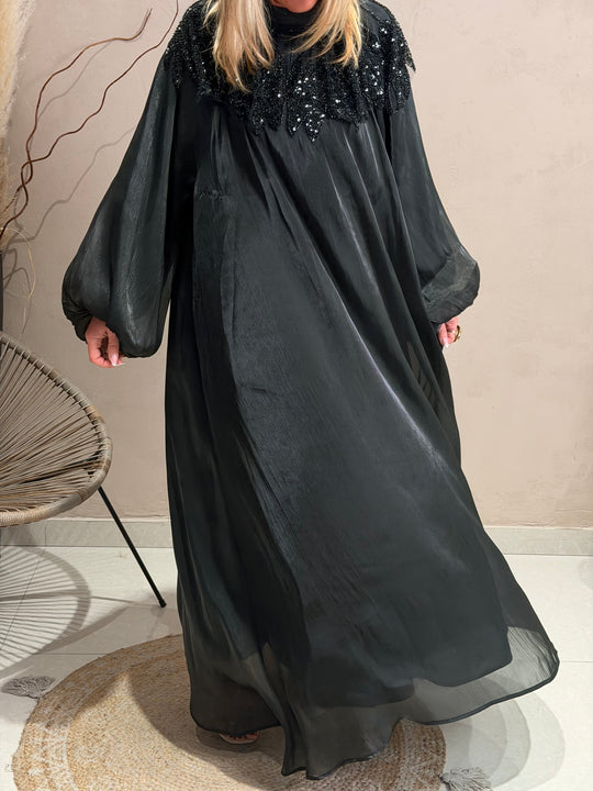 Robe abaya épaules perles Noir 8609