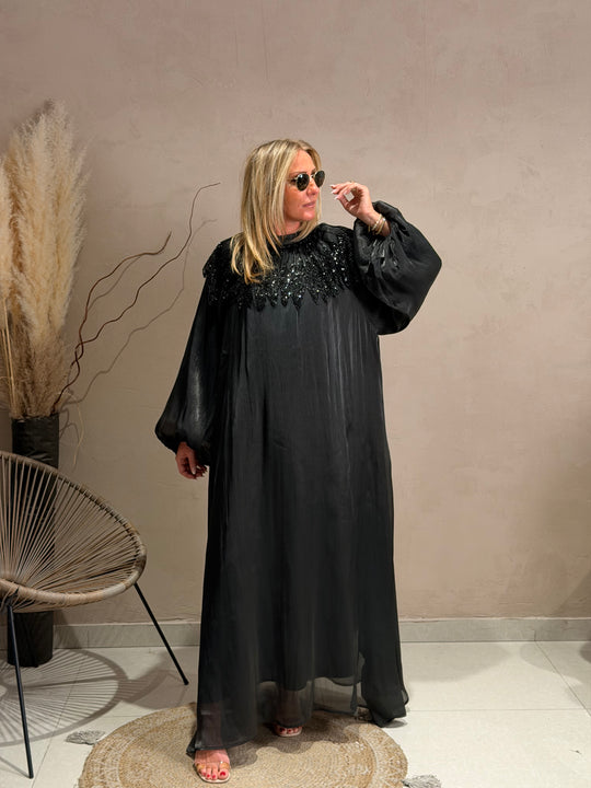 Robe abaya épaules perles Noir 8609
