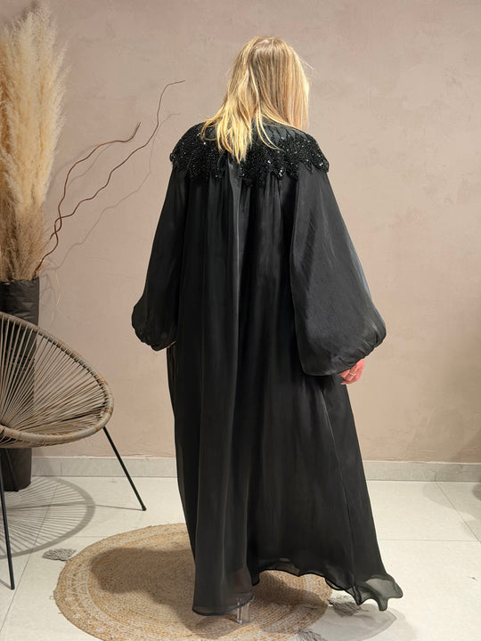 Robe abaya épaules perles Noir 8609