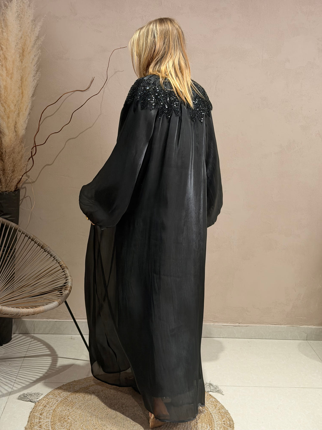 Robe abaya épaules perles Noir 8609