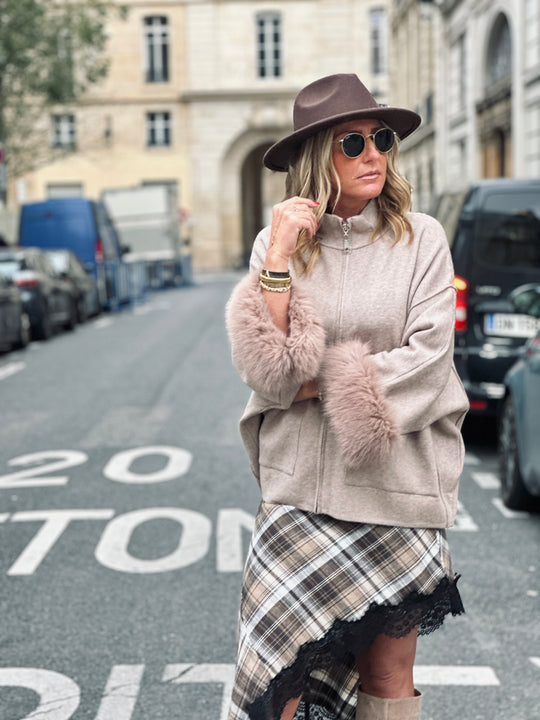 Jupe carreaux asymétrique dentelle Beige/camel (precommande 5J）