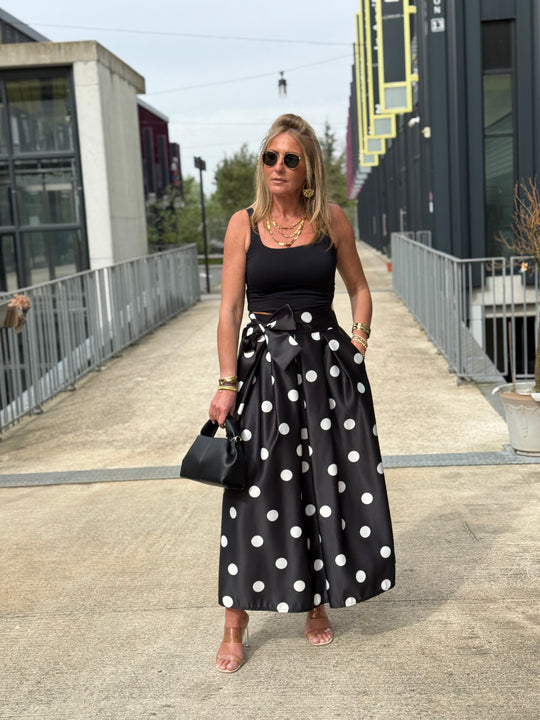 Jupe satin nouée à pois Noir