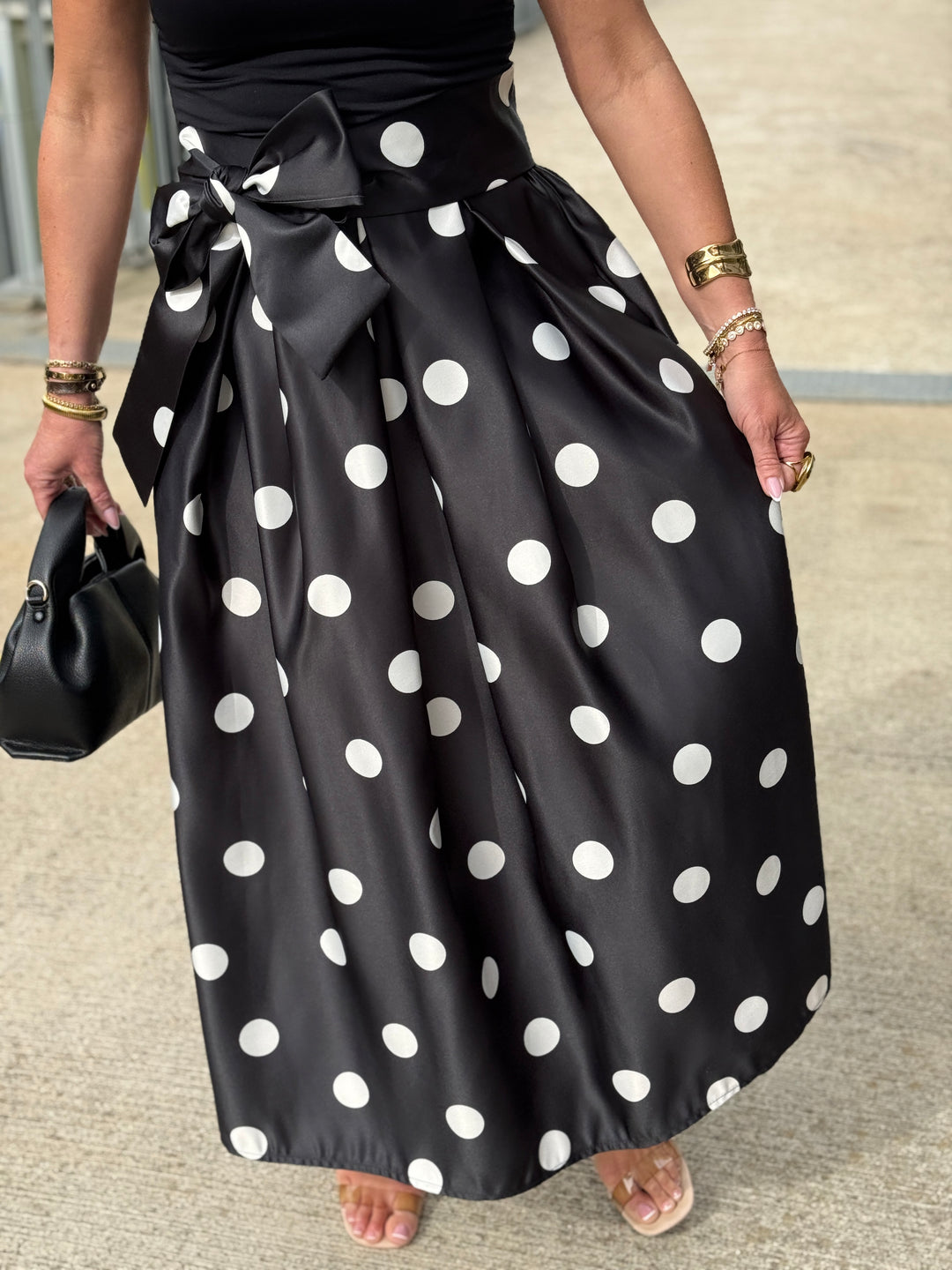 Jupe satin nouée à pois Noir