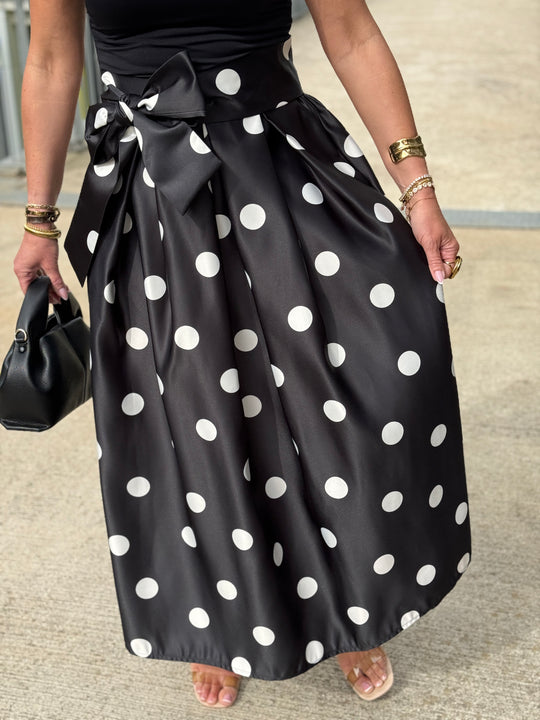 Jupe satin nouée à pois Noir