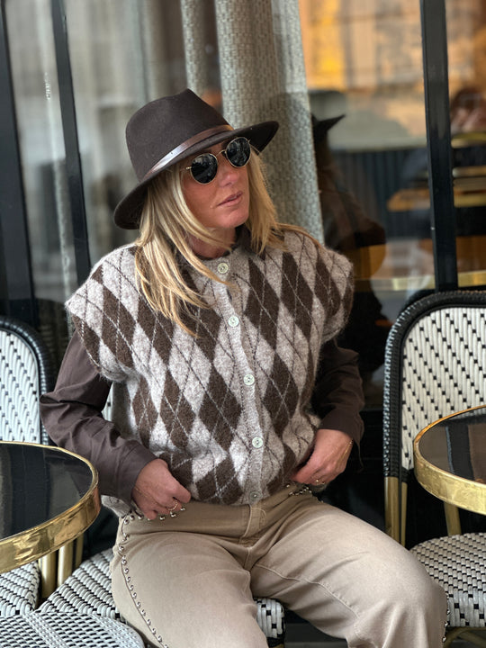 Gilet taupe/ choco arlequin dans manches 8268