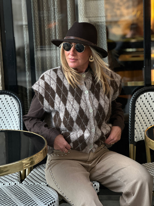 Gilet taupe/ choco arlequin dans manches 8268