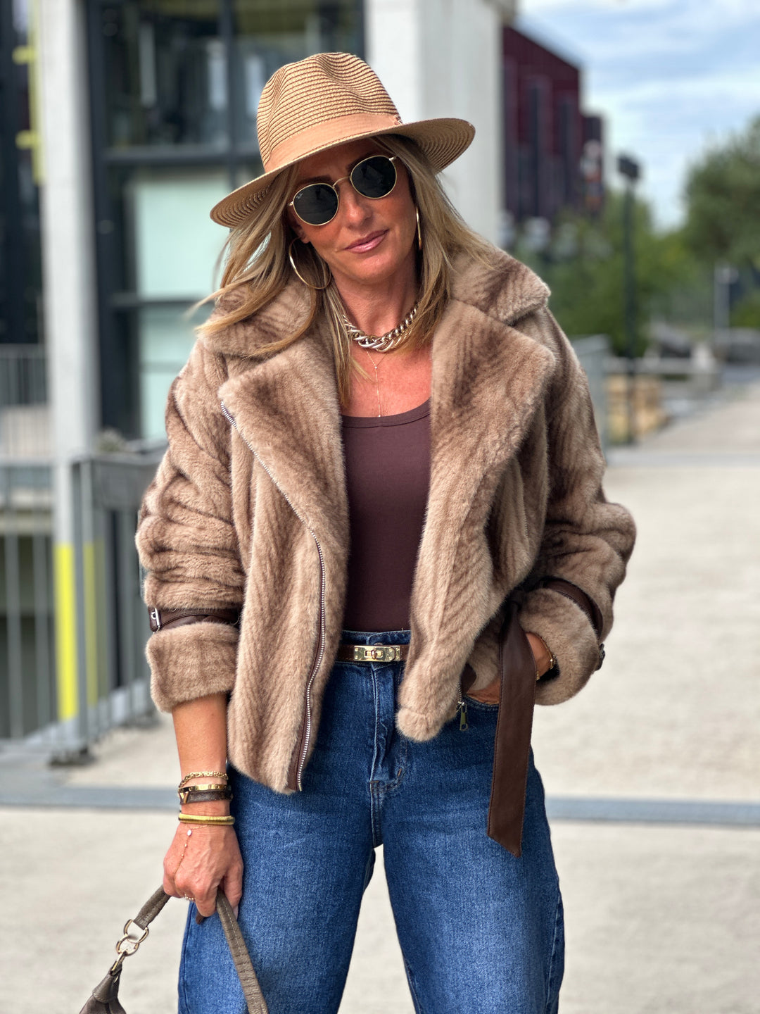 Veste fourrure dégradée zip asymétrique BEIGE 202248
