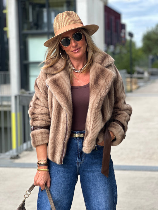 Veste fourrure dégradée zip asymétrique BEIGE 202248