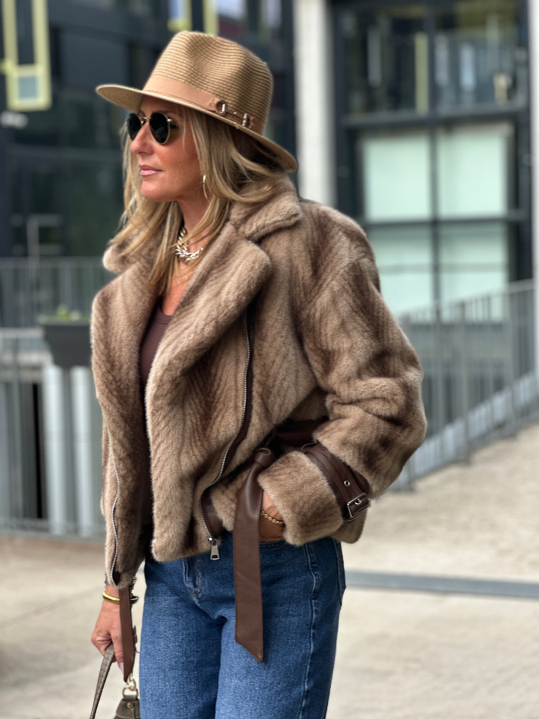 Veste fourrure dégradée zip asymétrique BEIGE 202248