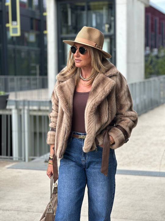 Veste fourrure dégradée zip asymétrique BEIGE 202248