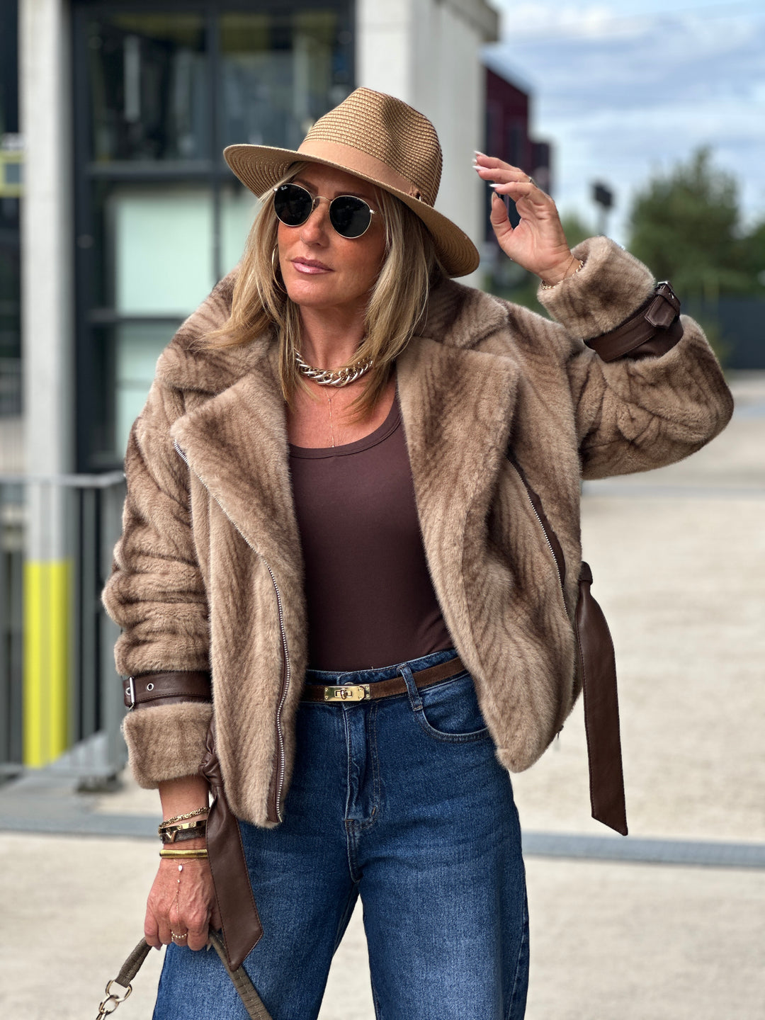 Veste fourrure dégradée zip asymétrique BEIGE 202248