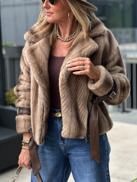 Veste fourrure dégradée zip asymétrique BEIGE 202248