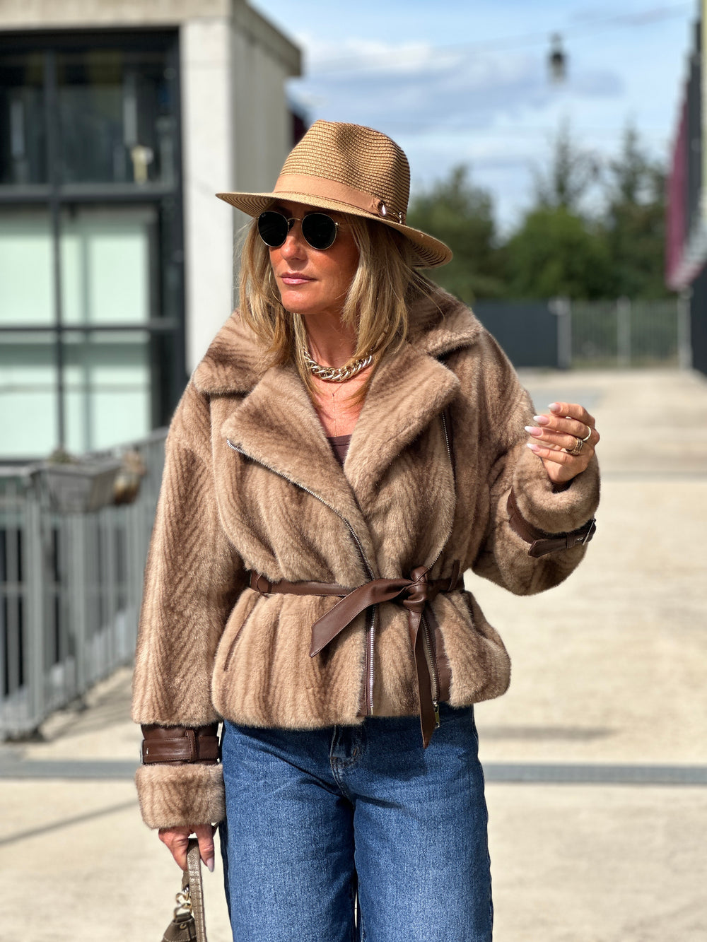 Veste fourrure dégradée zip asymétrique BEIGE 202248