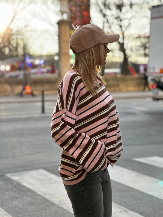 Pull rayure fin rose YP1881