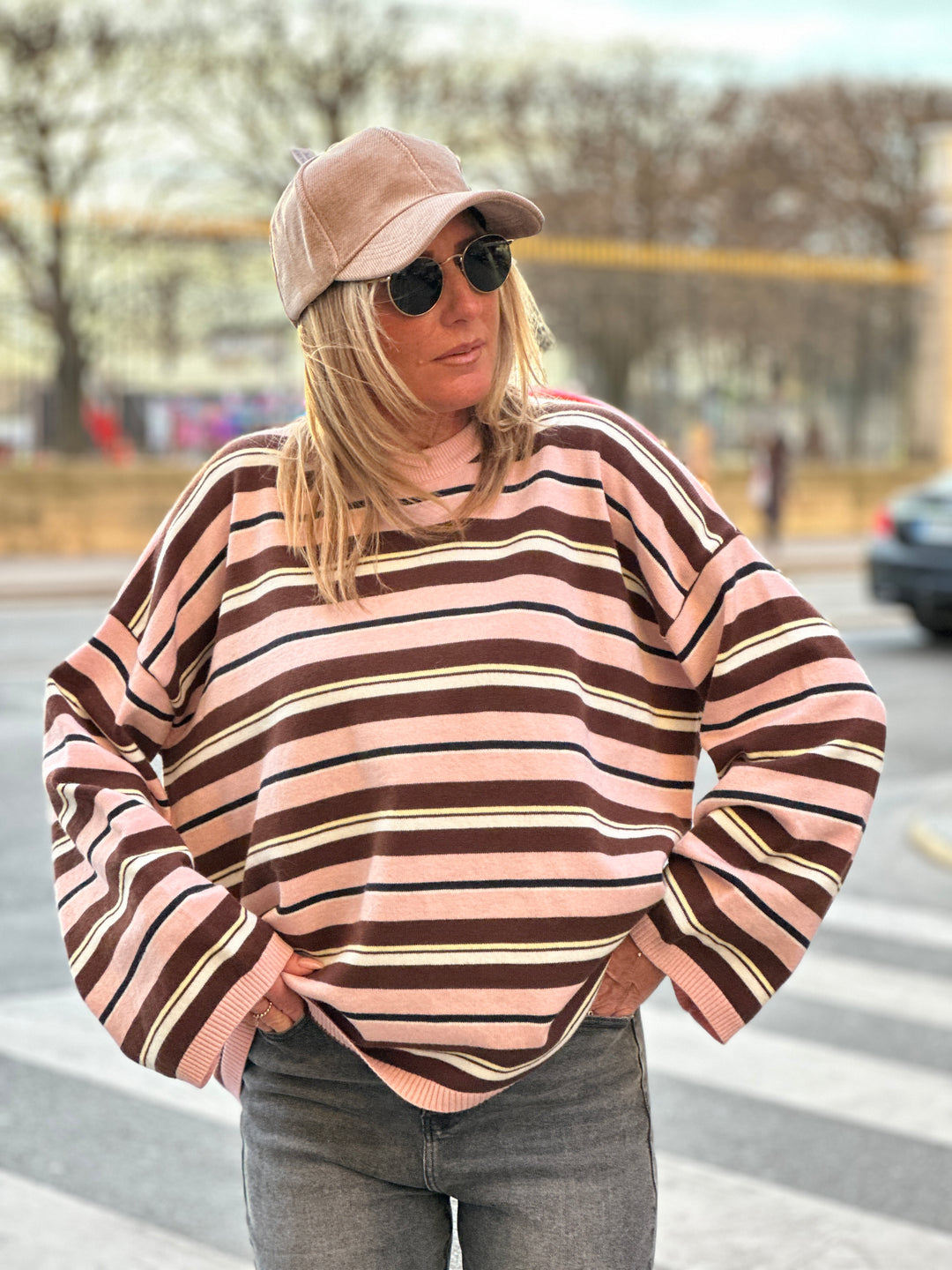 Pull rayure fin rose YP1881