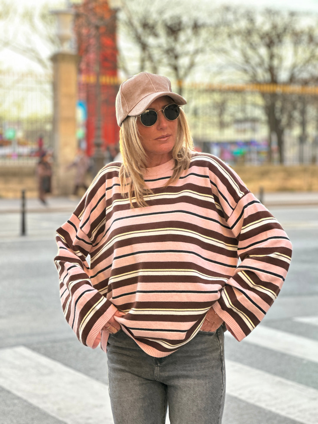 Pull rayure fin rose YP1881