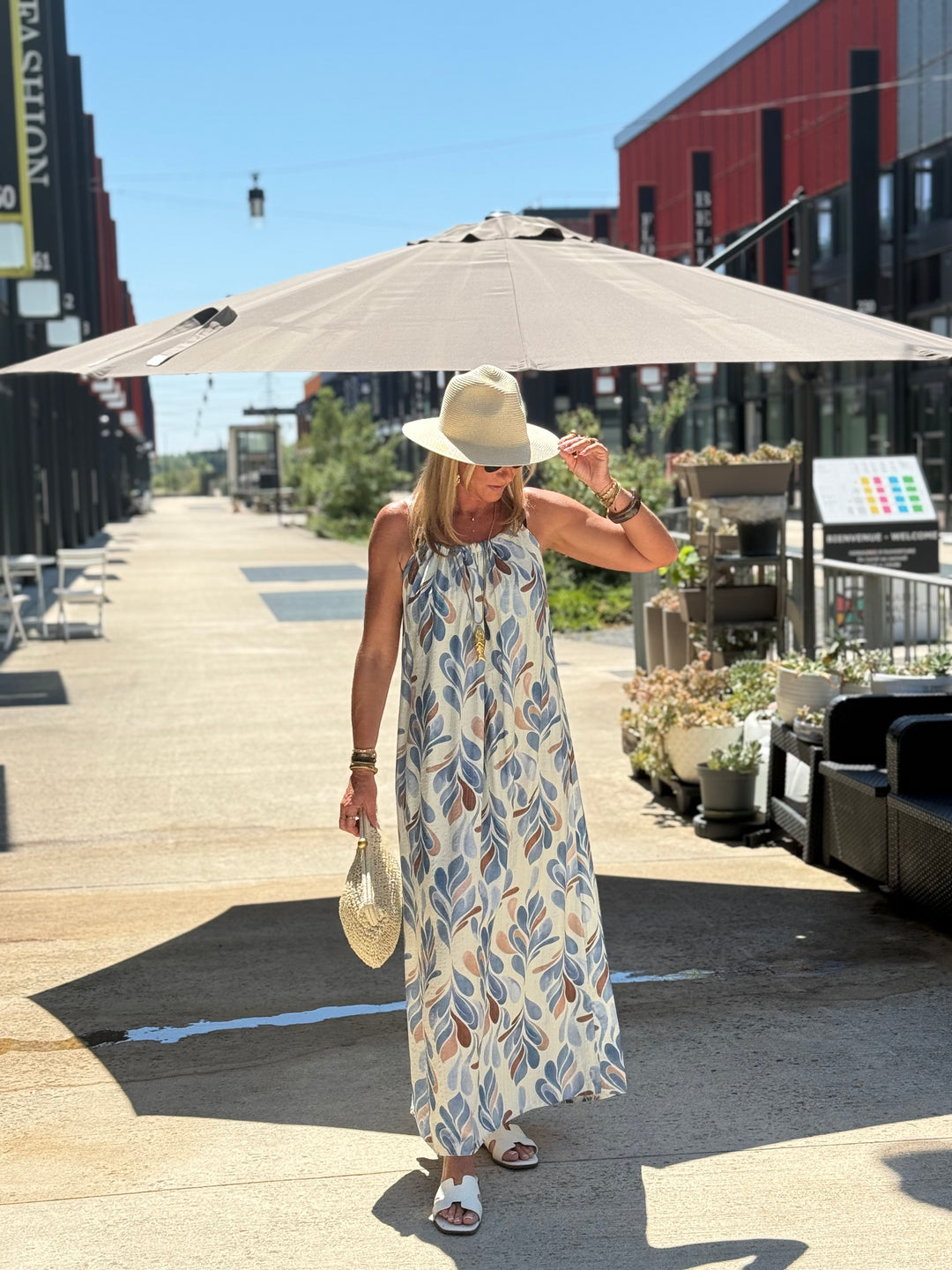 Robe longue à motif feuillage abstrait ÉCRU / BLEU 1383