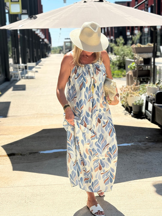 Robe longue à motif feuillage abstrait ÉCRU / BLEU 1383