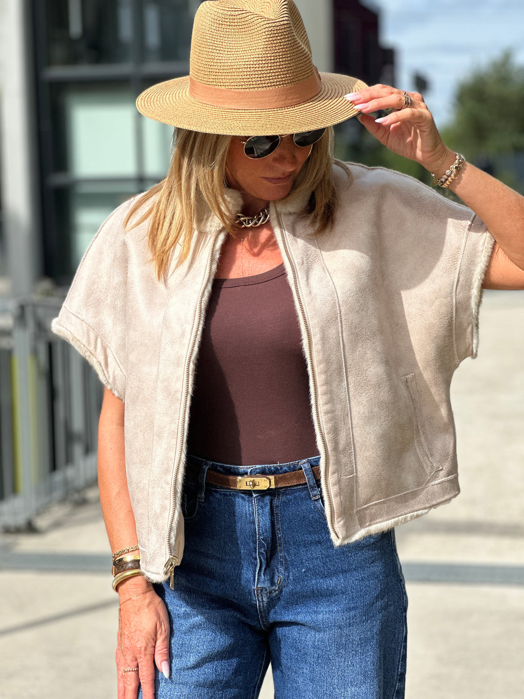 Gilet fourrure réversible F215 Beige