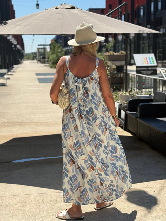 Robe longue à motif feuillage abstrait ÉCRU / BLEU 1383