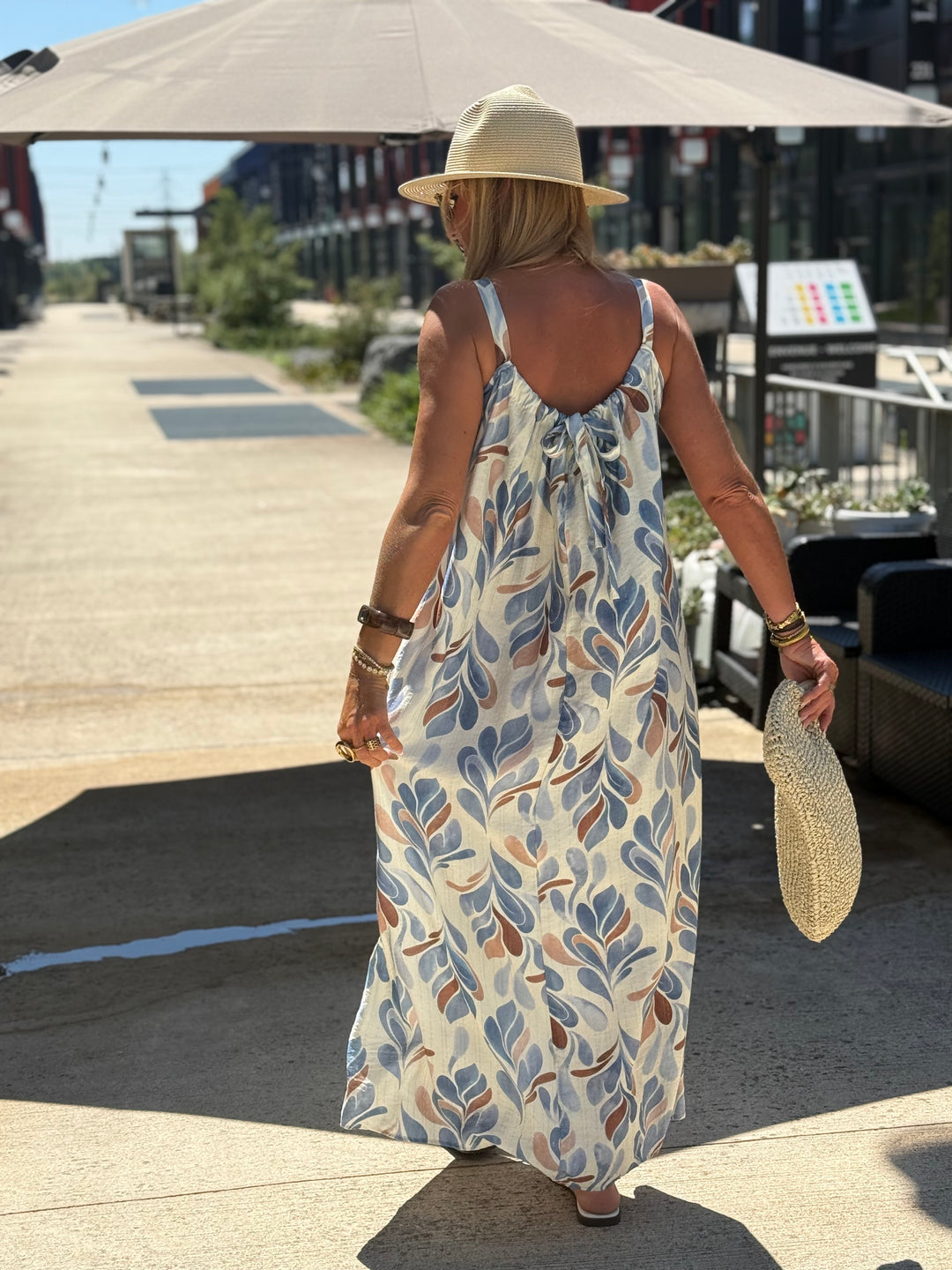 Robe longue à motif feuillage abstrait ÉCRU / BLEU 1383
