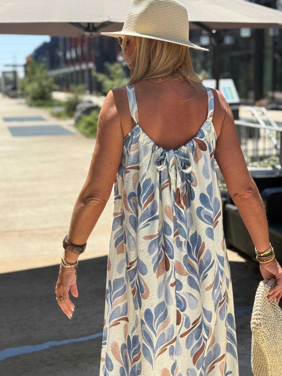Robe longue à motif feuillage abstrait ÉCRU / BLEU 1383
