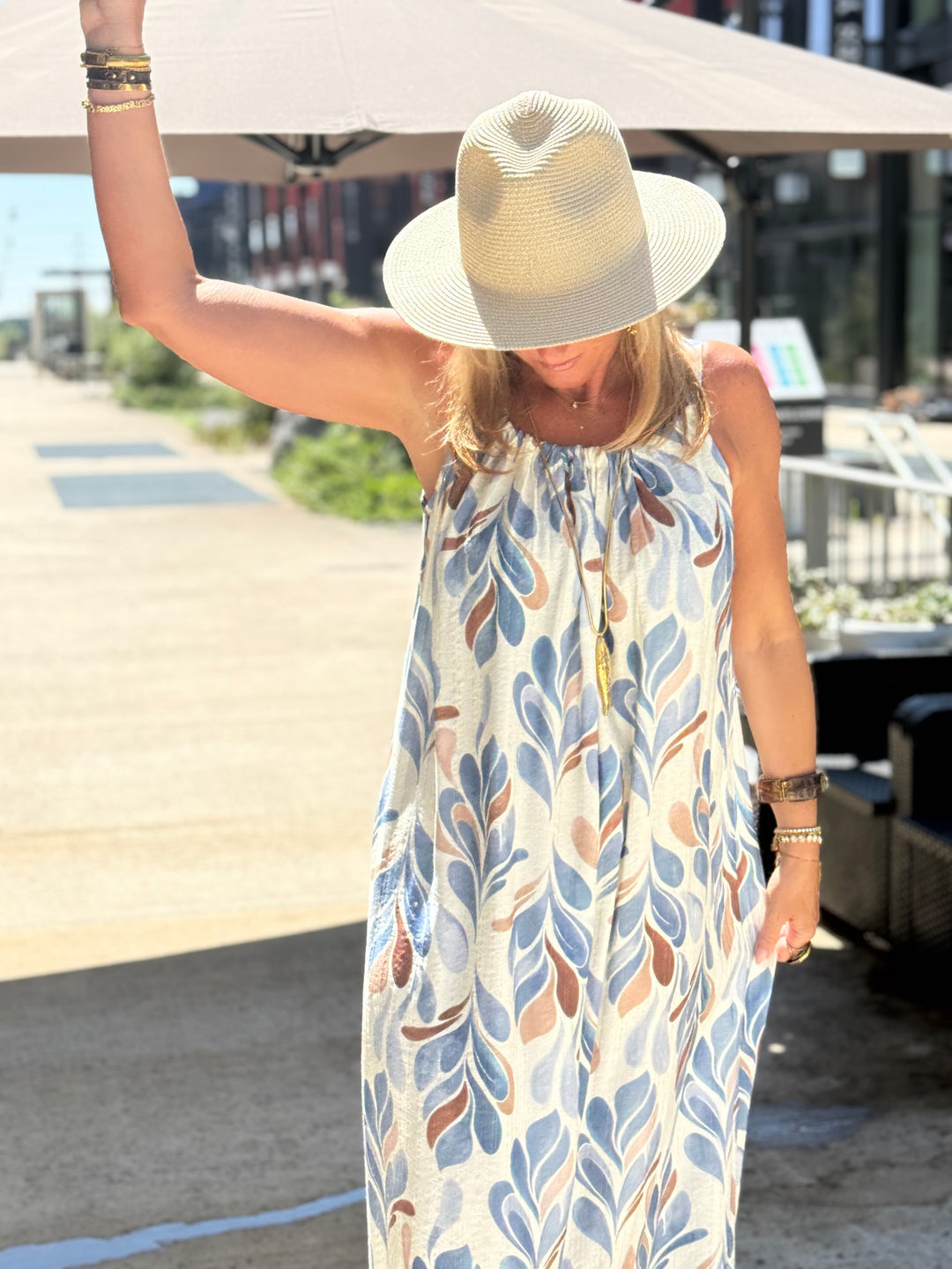 Robe longue à motif feuillage abstrait ÉCRU / BLEU 1383