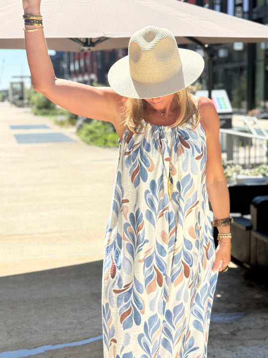 Robe longue à motif feuillage abstrait ÉCRU / BLEU 1383