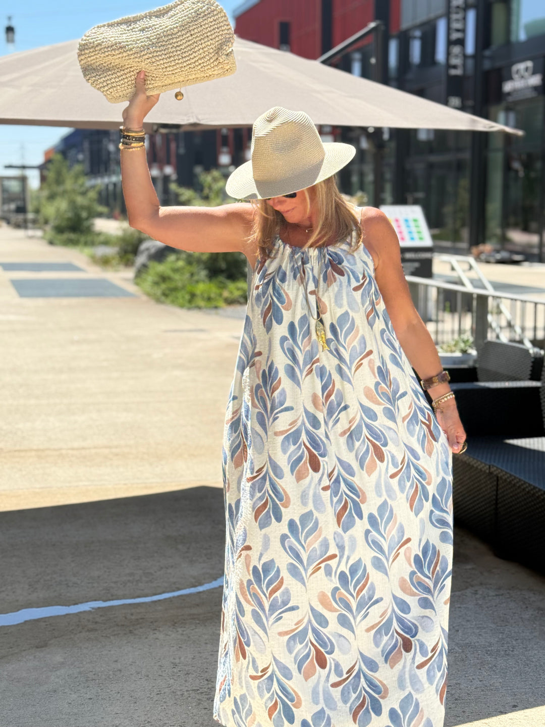 Robe longue à motif feuillage abstrait ÉCRU / BLEU 1383