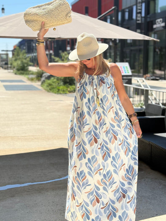 Robe longue à motif feuillage abstrait ÉCRU / BLEU 1383