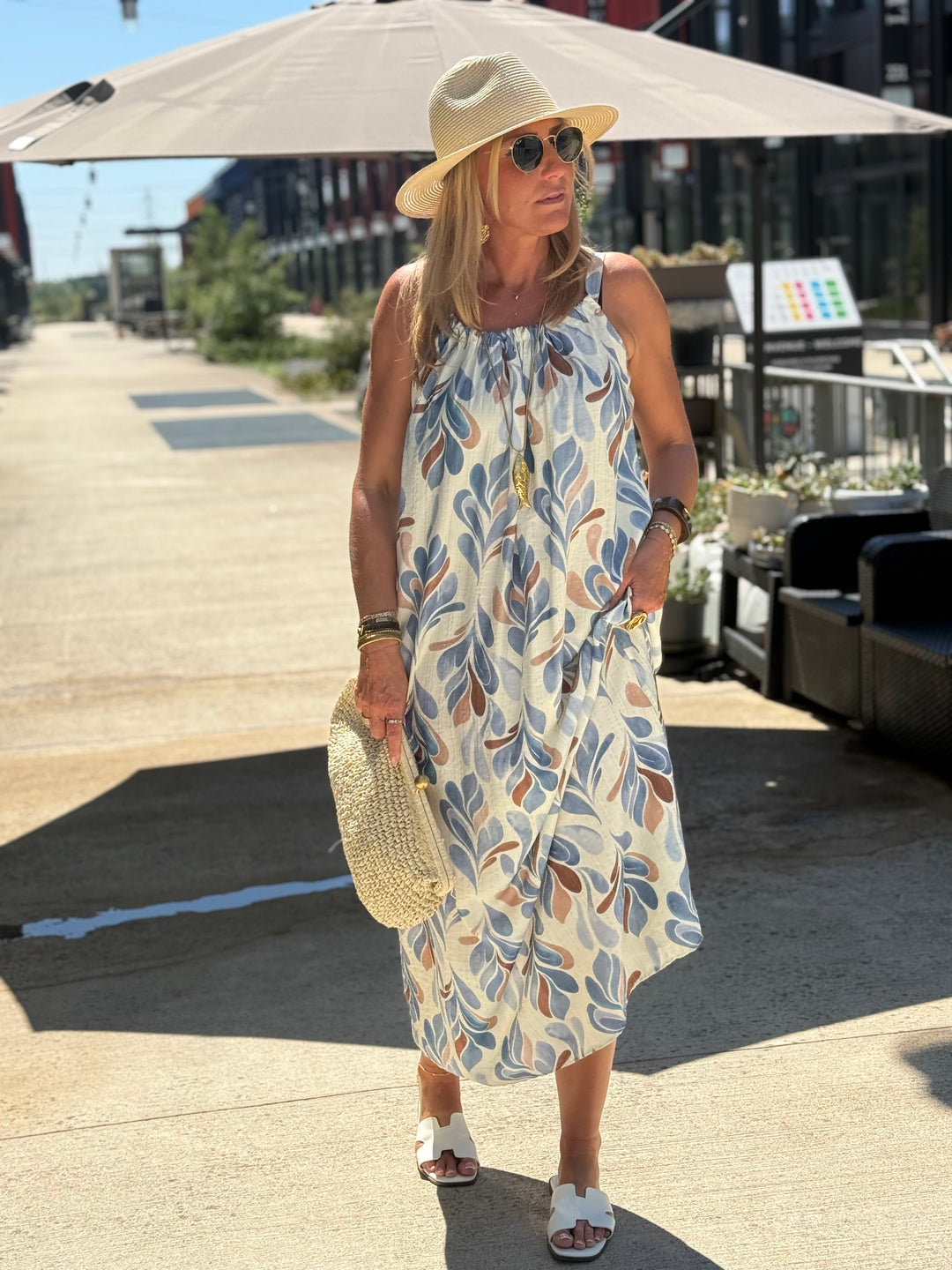 Robe longue à motif feuillage abstrait ÉCRU / BLEU 1383
