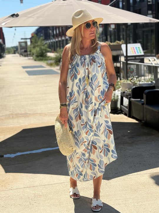 Robe longue à motif feuillage abstrait ÉCRU / BLEU 1383