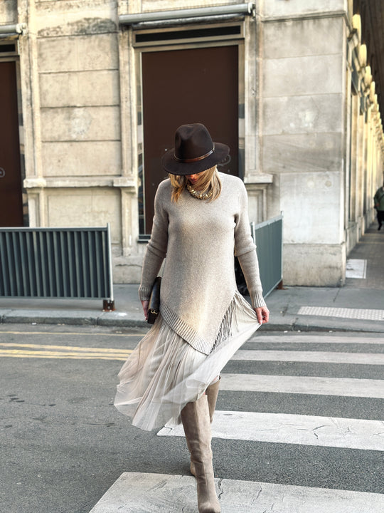 Pull Robe asymétrique franges voile 5318