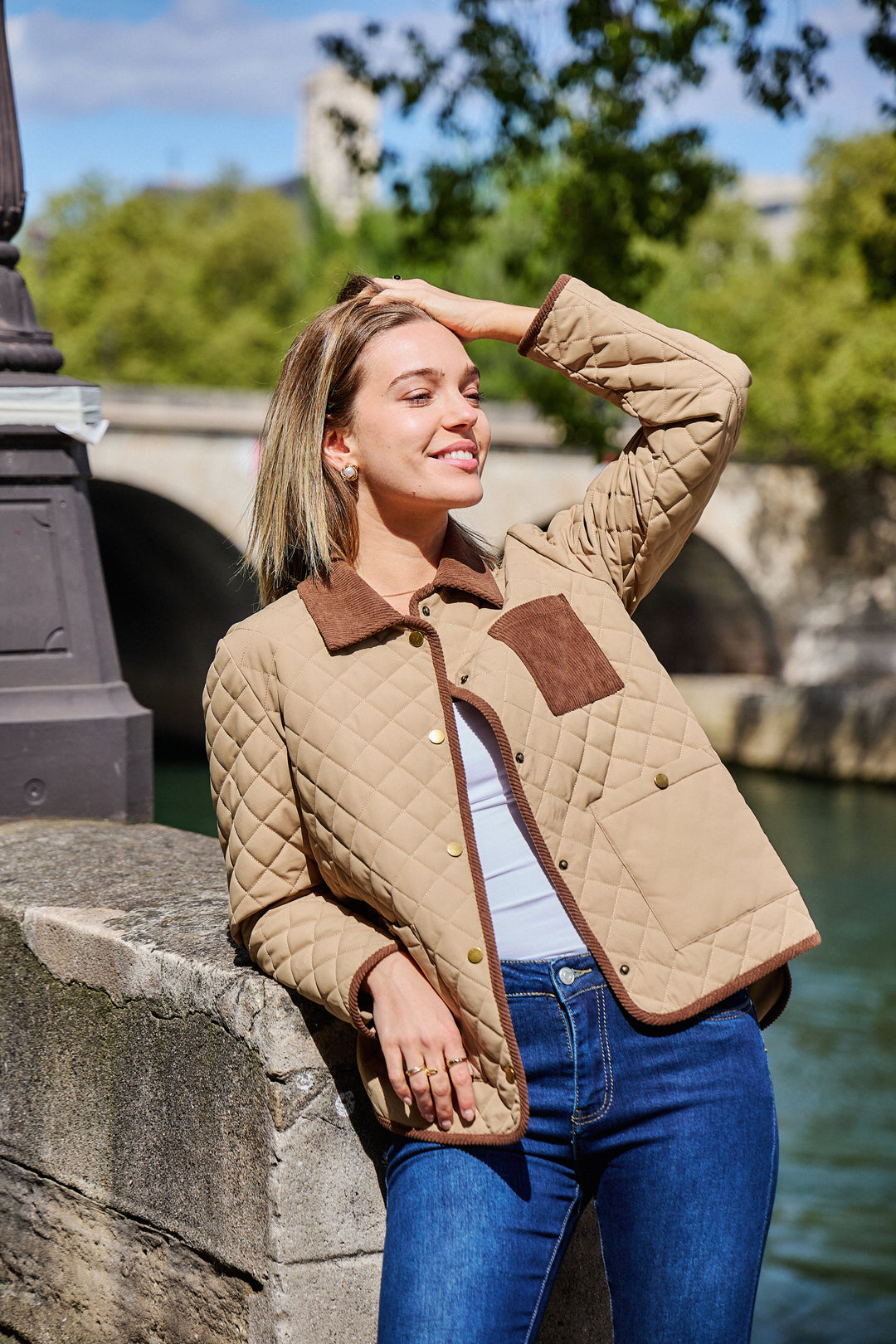 Doudoune Capucine matelassé beige et effet daim choco HX1815CFG