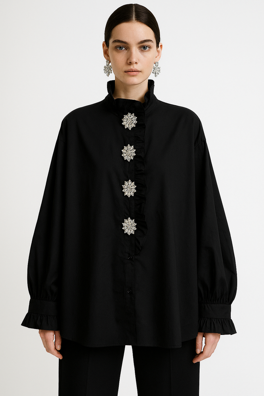 Chemise noir col volant aux bijoux H10661