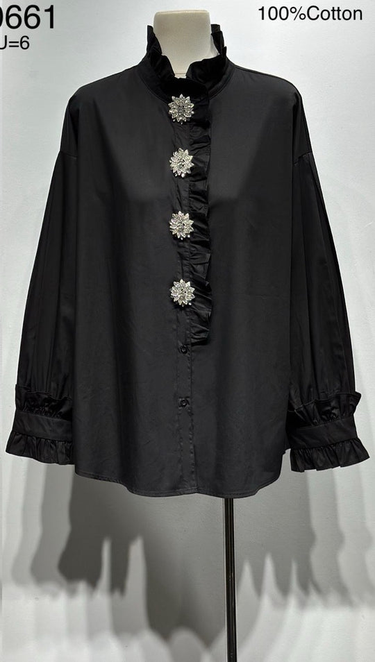 Chemise noir col volant aux bijoux H10661