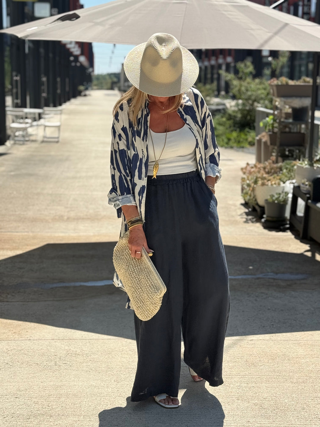 Pantalon lin palazzo bleu marine