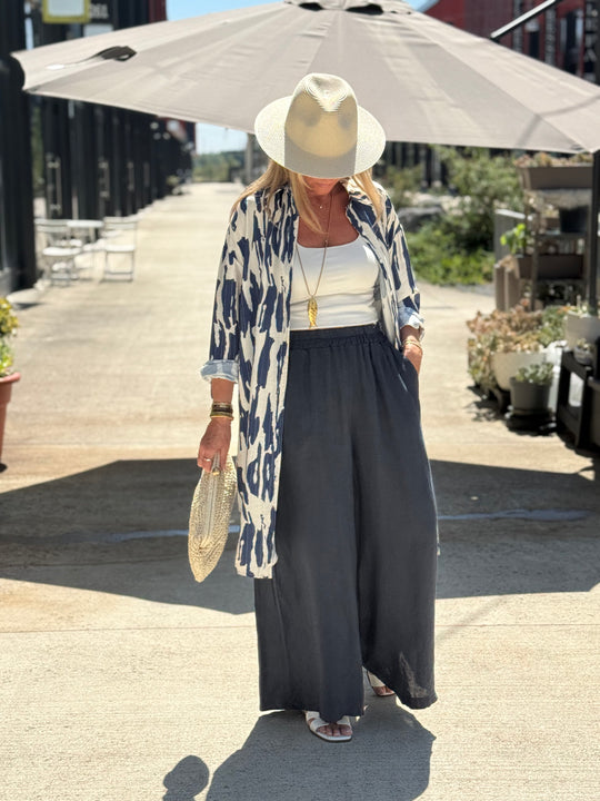 Pantalon lin palazzo bleu marine