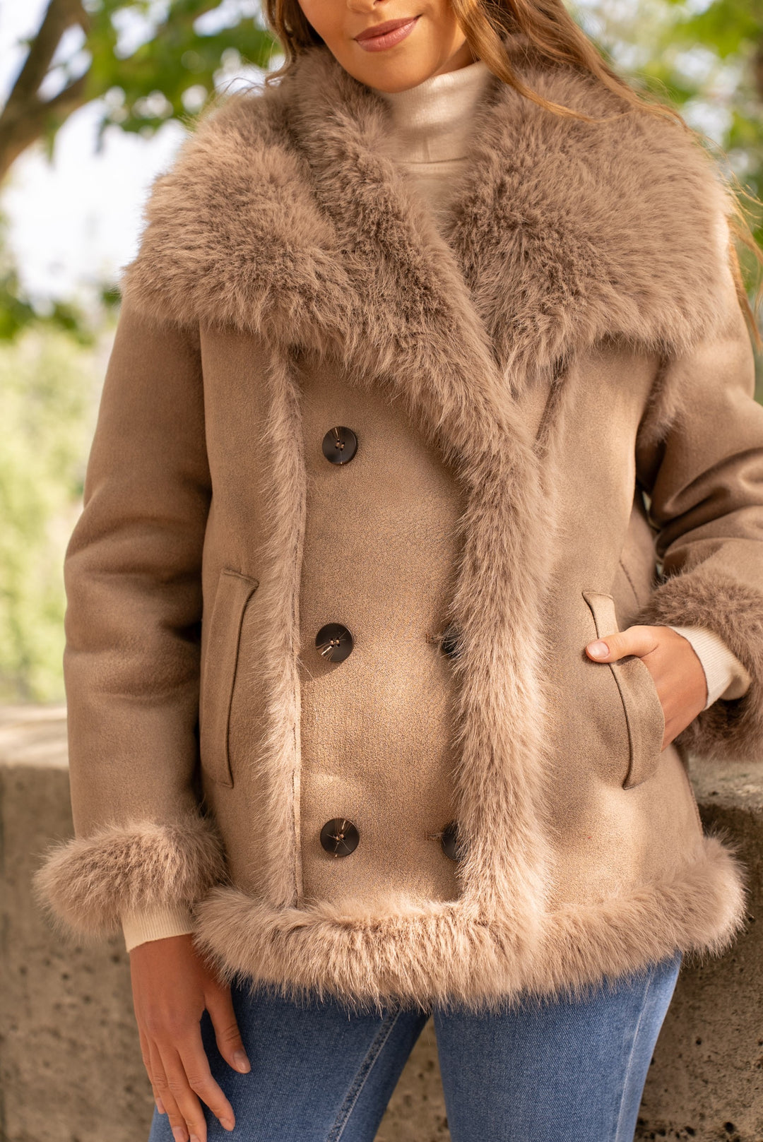 Veste daim fourrure Maya (réversible)Taupe 202213