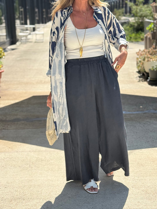 Pantalon lin palazzo bleu marine