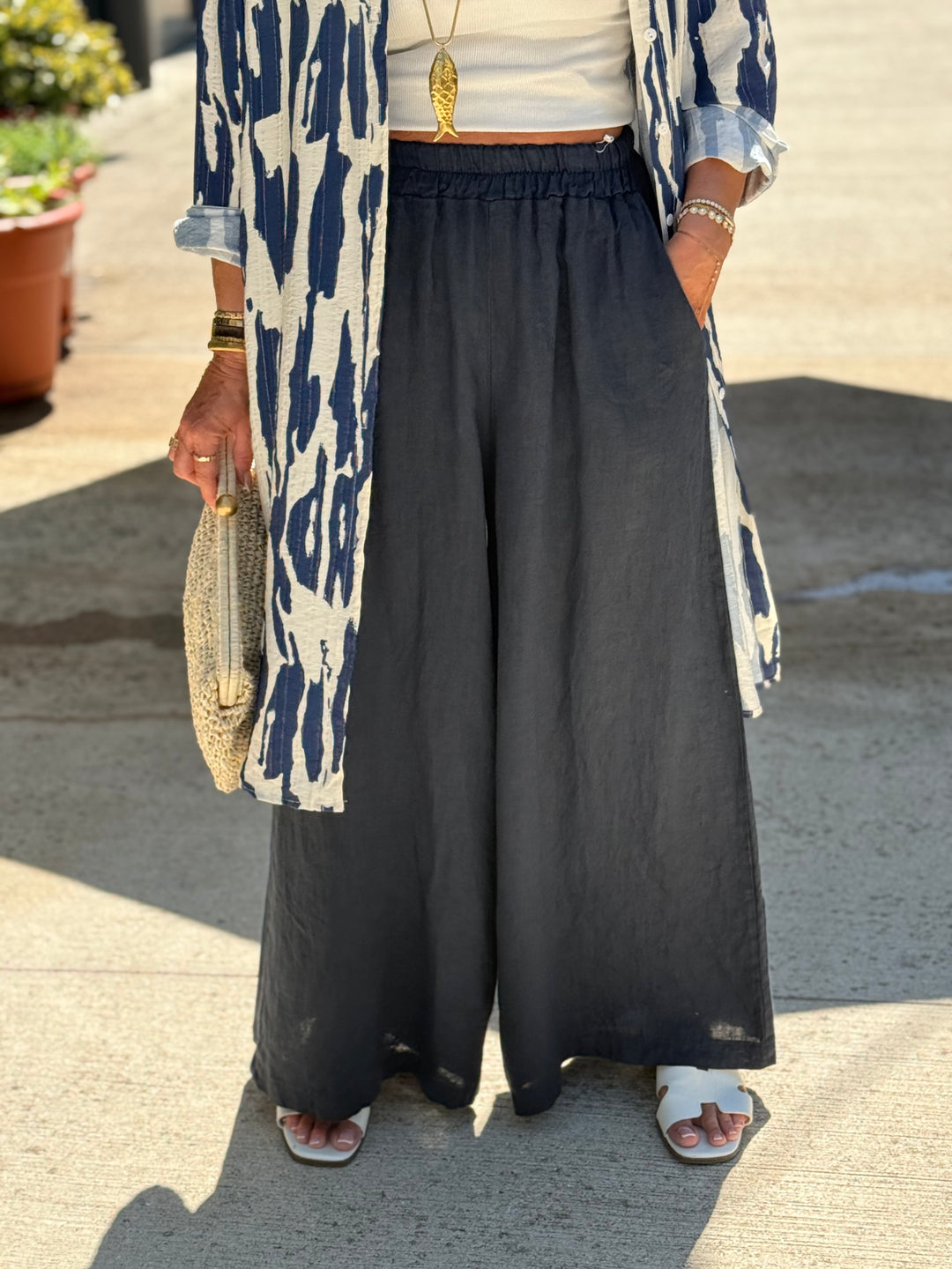 Pantalon lin palazzo bleu marine