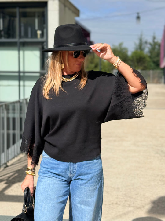 Pull maille fin manche dentelles 5174 Noir