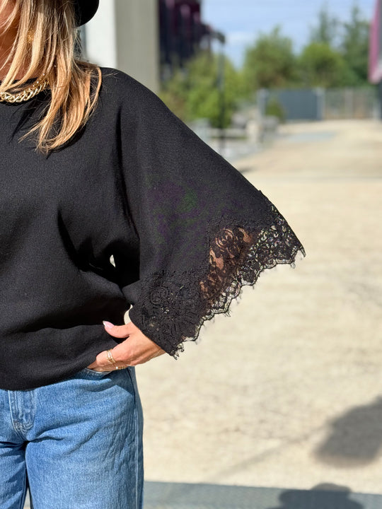 Pull maille fin manche dentelles 5174 Noir