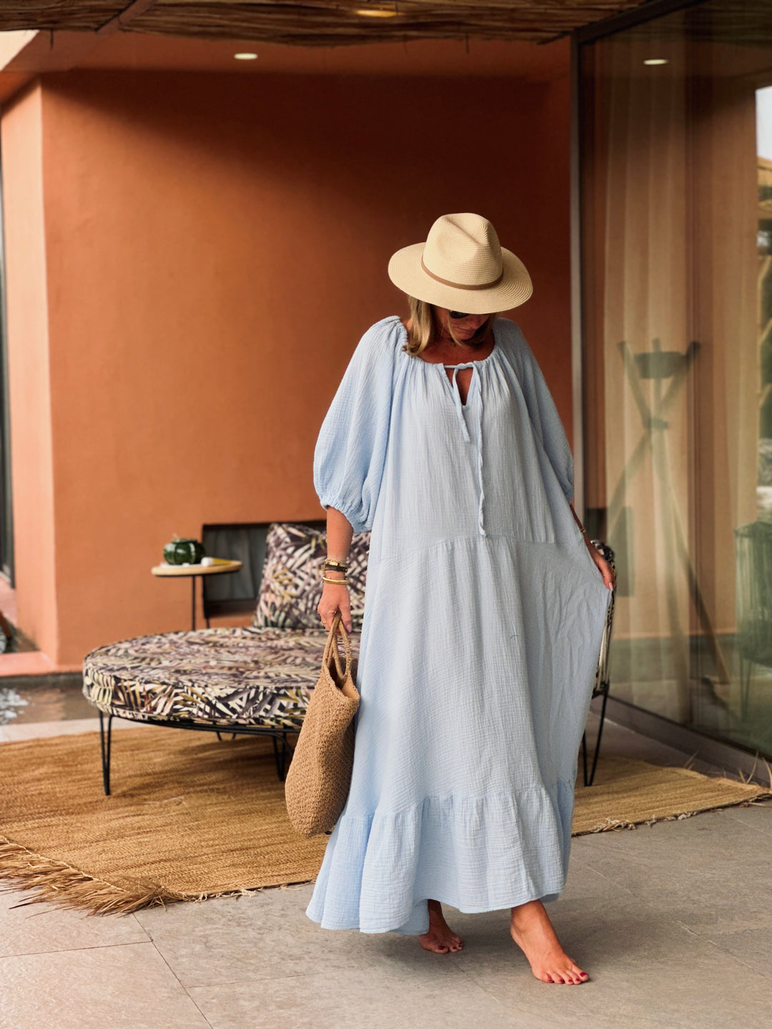 Robe volant gaz de coton bleu
